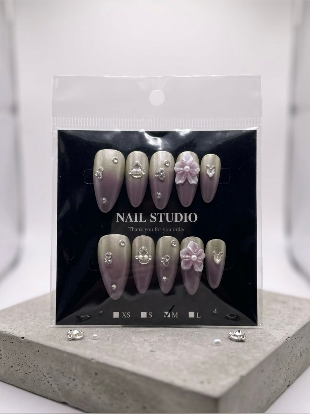 Lavender Ombre Press-On Nails with Rhinestone & Flower Accents